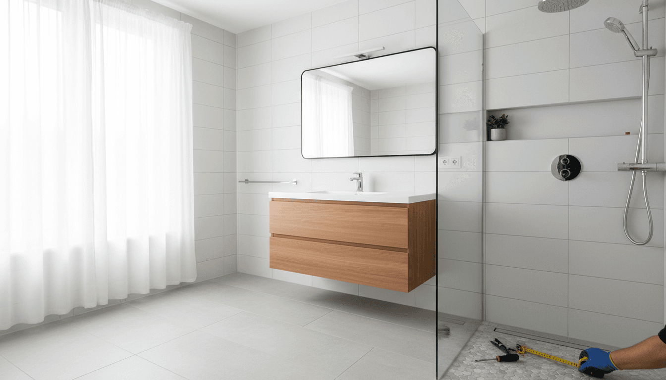 Completed bathroom remodel with modern fixtures and professional tilework installation