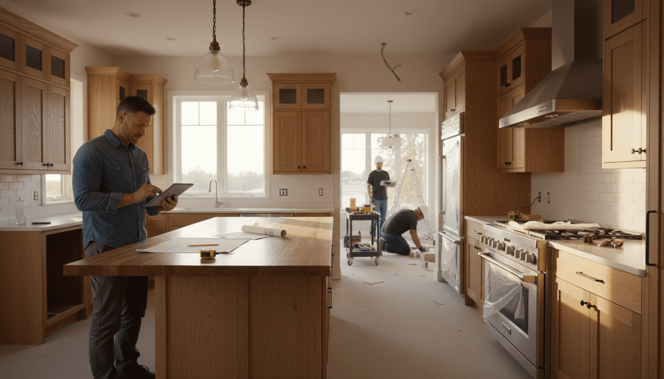 General contractor reviewing residential kitchen remodel plans with tablet in hand