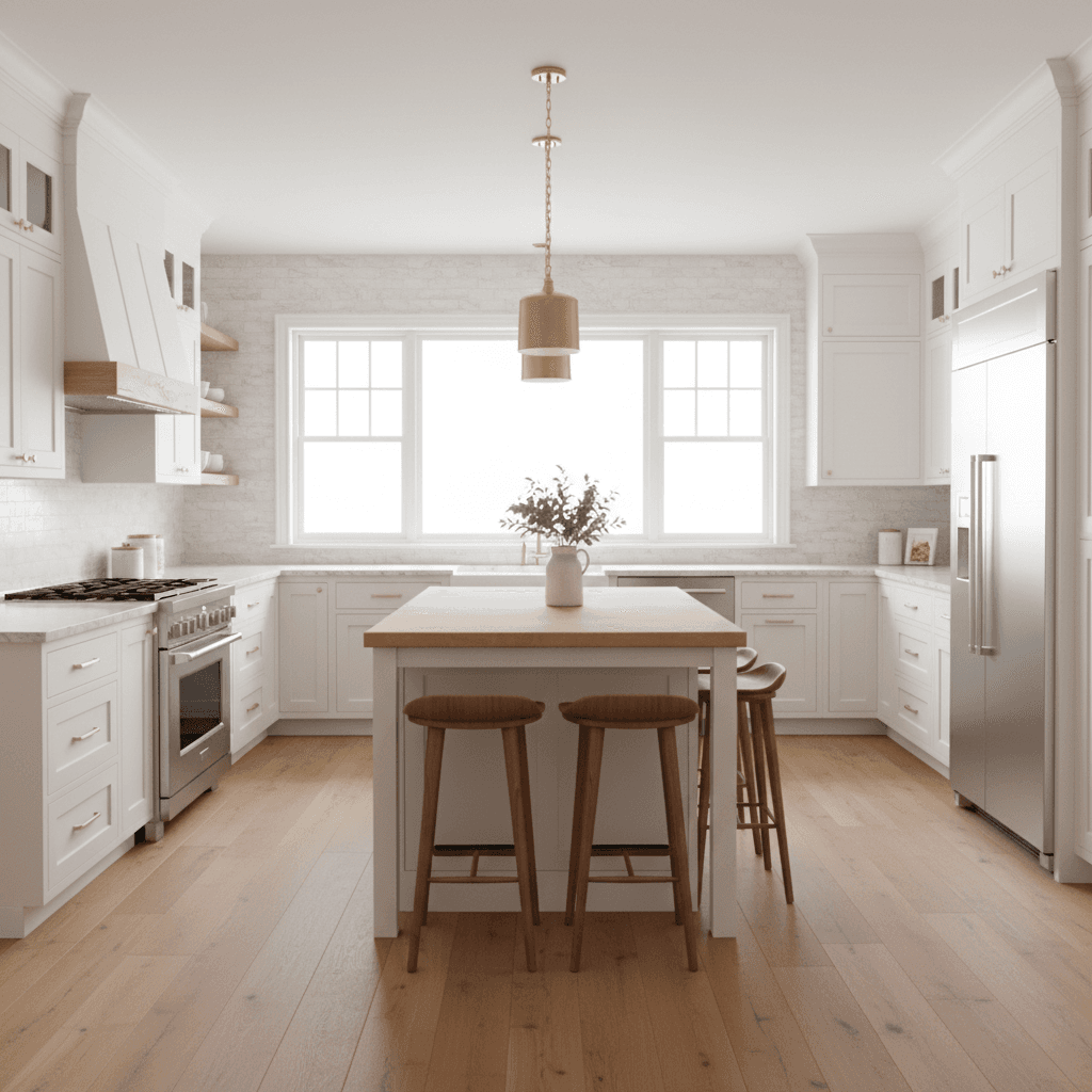 Modern renovated kitchen with white cabinetry and marble countertops